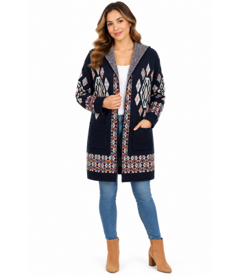 Women's Aztec Blue Multi open Front Hooded Sweater Cardigan (KF23417)