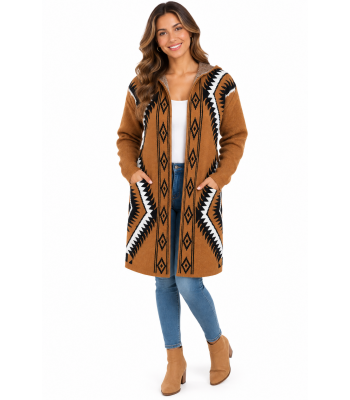 Women's Red Rock B/W Aztec Open Front Hooded Cardigan  KF23422