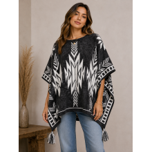 Women's  B/W Aztec Round Neck Knot Tassel Open Poncho (KF23423)