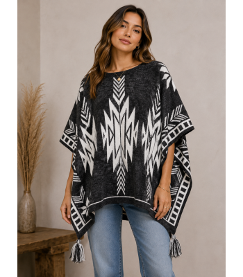 Women's  B/W Aztec Round Neck Knot Tassel Open Poncho (KF23423)