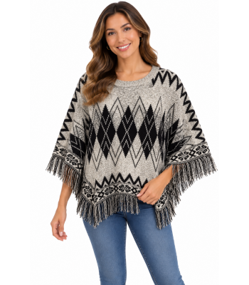 Women's Round Neck Sleeve Diamond Round Neck Poncho KF23430