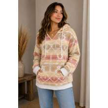 Women's Multi Cream White Trim Aztec Hooded Pullover (KF23449)
