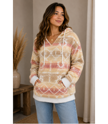 Women's Multi Cream White Trim Aztec Hooded Pullover (KF23449)