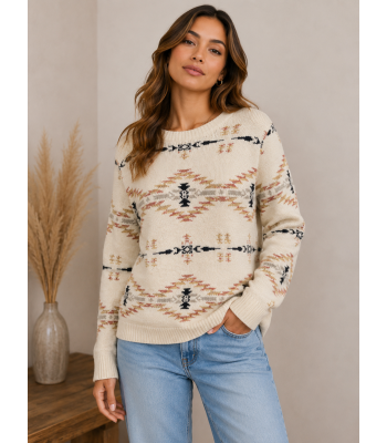 Women's  Multi Aztec Round Neck   Soft Top KF23977