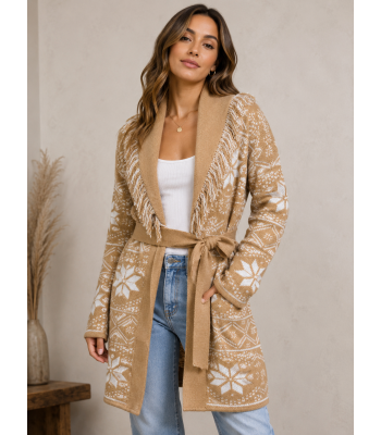 Women's Snowflake V neck Fringe rope open front sweater cardigan KF24919