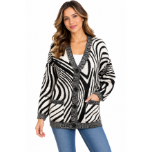 Women Zebra Open Front Button B/W Sweater Cardigan KF25665