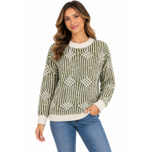 Green Thread Web Artwork Round Neck Sweater Top  KF25694