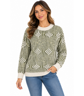 Green Thread Web Artwork Round Neck Sweater Top  KF25694