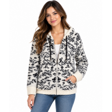 Women's  B/W  Marble art hooded super soft  hooded sweater zip Jacket KM24899