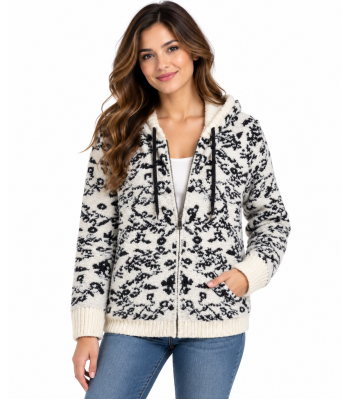 Women's  B/W  Marble art hooded super soft  hooded sweater zip Jacket KM24899