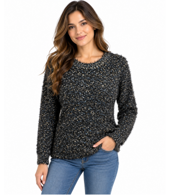 Women Soft Acrylic Round Neck Black Top KM25522