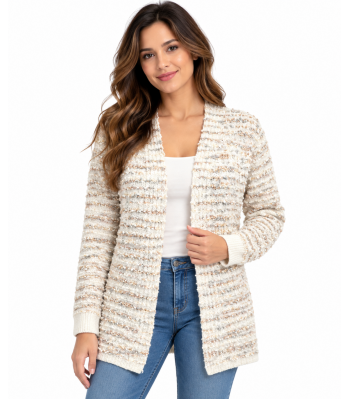 Women Soft Thread Artwork Open Front Sweater Cardigan KM25525