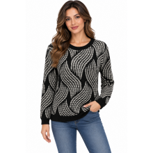 Women Black and White Thread Artwork Round Neck Top KM25524