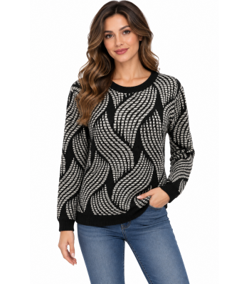 Women Black and White Thread Artwork Round Neck Top KM25524