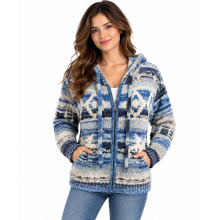 Women Blue Multi Zip Hooded Sky Sweater Jacket KN25537