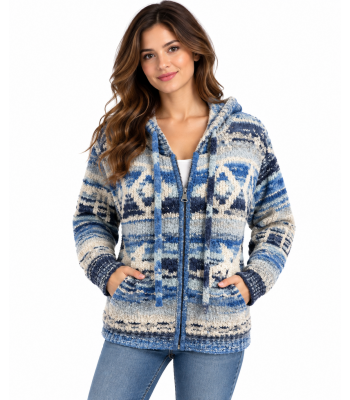 Women Blue Multi Zip Hooded Sky Sweater Jacket KN25537