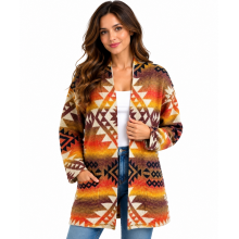 Women Multi Gold Maple Boho Vintage Open Front  Cardigan KN25542