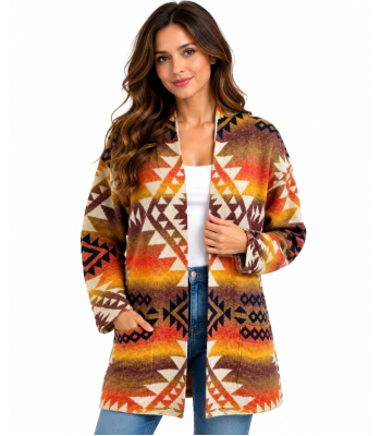 Women Multi Gold Maple Boho Vintage Open Front  Cardigan KN25542