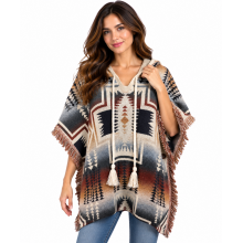 Women Multi Color Wester Aztec Hem Fringe Hooded  Poncho KN25546