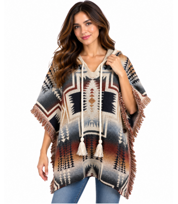 Women Multi Color Wester Aztec Hem Fringe Hooded  Poncho KN25546