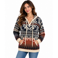 Women Multi Aztec Hooded Sweater Pullover KN25547