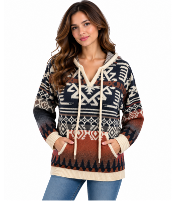 Women Multi Aztec Hooded Sweater Pullover KN25547