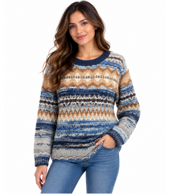 Women Blue Web Round Neck Ombre Sweater Top KN25552
