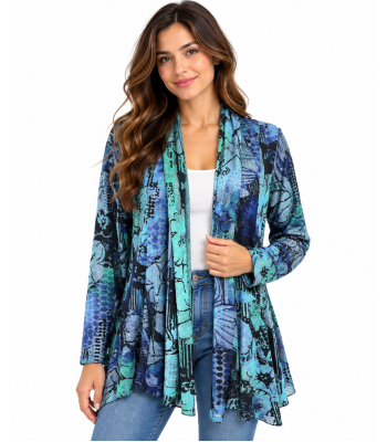 Multi Patch teal blue  polka burnout Knit open front Cardigan KV23352