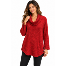 Women Red Cowl Neck Knit Top KX25594