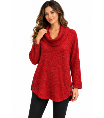 Women Red Cowl Neck Knit Top KX25594