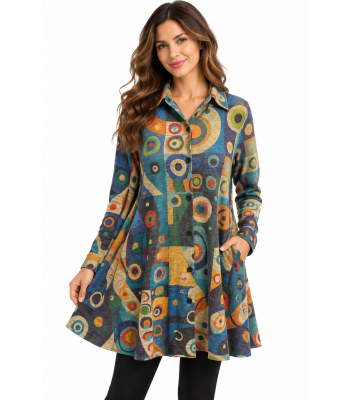 Women Navy Multi Knit Cali Button Tunic Shirt KX25601