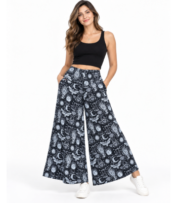 Cotton Black and white  Astro Hamsa Artwork Wide leg palazzo Pant LF138 