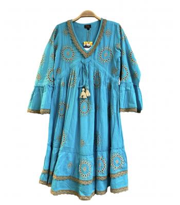 Cotton Crepe Lace Embroidery Turquoise Dress  MK1075