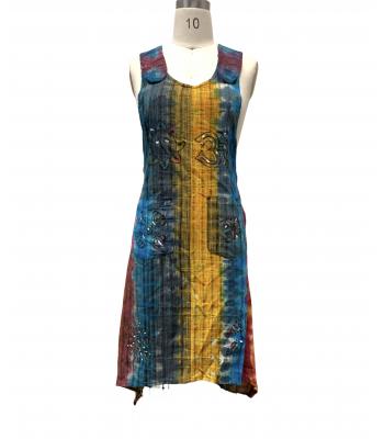 Cotton Three Button Adjustable Round Neck hand Brush Block  print High Low Dress (D164)