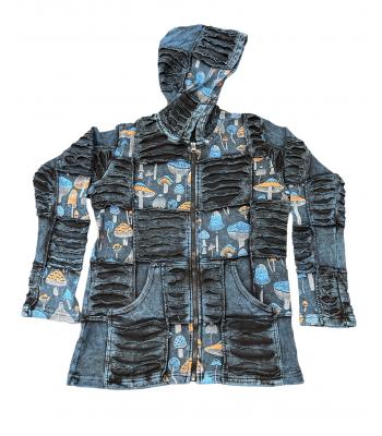 Cotton Razor Cut Multi Patchwork Mushroom Print  Denim Blue Zip Jacket (D406)