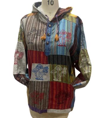 Cotton Multi Patchwork Mushroom with Butterfly  festival  Button up Hooded Pullover (D476)