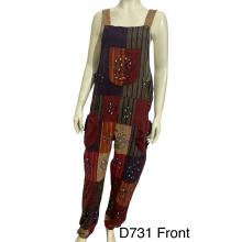Cotton Patchwork Hand Brush Hippie Pocket Jumpsuit Overall D731