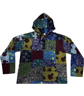 Cotton Multi Print Patchwork Drawstring  Mushroom Hooded Pullover (DT49)
