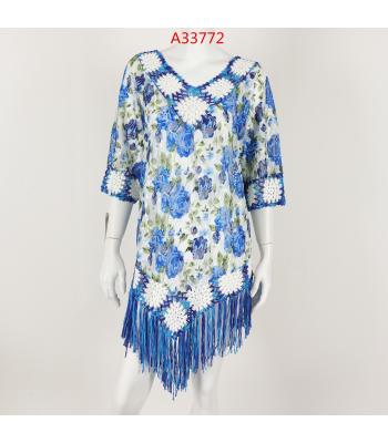Rose Blue Crochet  Fringe 3/4 SLV Beach Top KG51