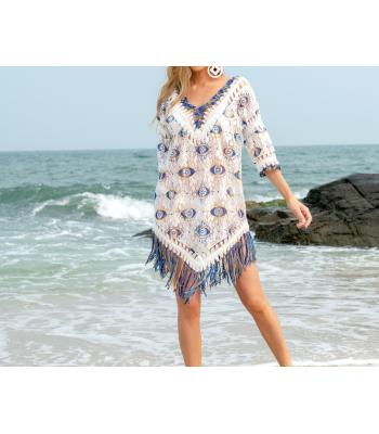 Eagle Eye Fringe V neck  3/4 SLV Beach Top KG50