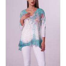 Women's Two Button V Neck burn Two Layers Teal 3/4 Slv  Tunic KS2496