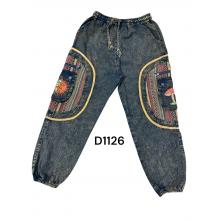 Cotton Stonewash Denim Black Square Patch Sun Moon Mushroom Cargo Pant D1126