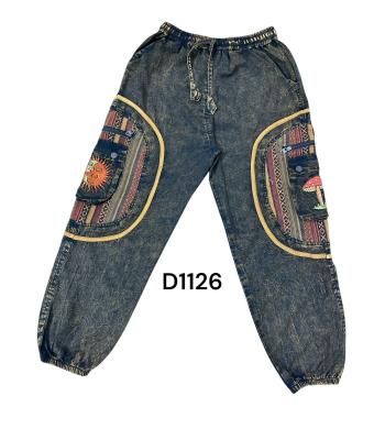Cotton Stonewash Denim Black Square Patch Sun Moon Mushroom Cargo Pant D1126 