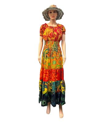Cotton Stonewash Multi African Floral Cap sleeve Long Maxi Dress  HF23