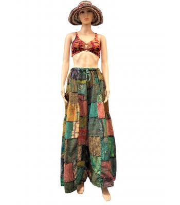 Cotton Stonewashed Patchwork Block Print Palazzo Pant KTD25695