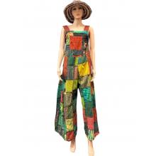 Cotton Stonewashed Patchwork Block Print Jumpsuit Overall KTD25696