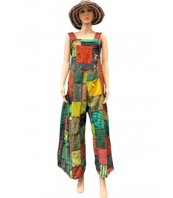 Cotton Stonewashed Patchwork Block Print Jumpsuit Overall KTD25696