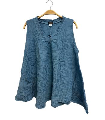 Cotton Crinkle Soft  Sleeve Less Sky Blue Pocket Top KTK451