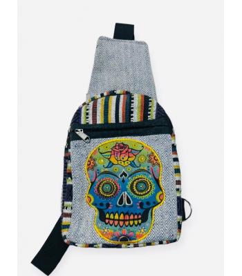 Cotton Hemp Multi Floral Skull Side Crossbody Bag RIB24535