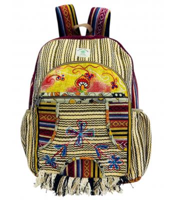 Cotton Hemp Flower Emb Fringe Festival Backpack , RIB24766